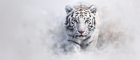  A white tiger, with orange eyes and an alert expression, traverses a foggy field in this painting