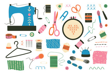 Sewing and needlework. Handmade Kit Set: embroidery, scissors, thread, needle. Art and craft hand drawn supplies. Tailor tools collection. Flat vector illustration of hobby equipment. Isolated vector