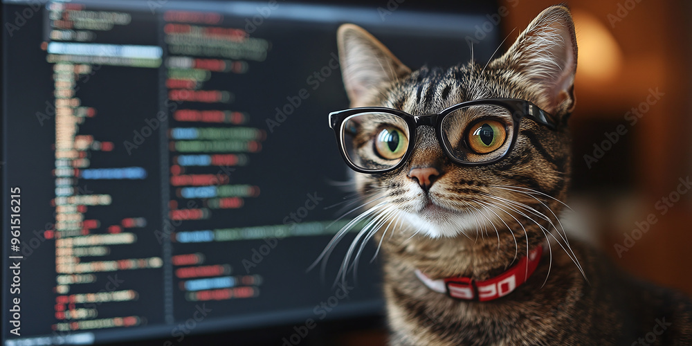 Poster funny cat wearing glasses coding at computer