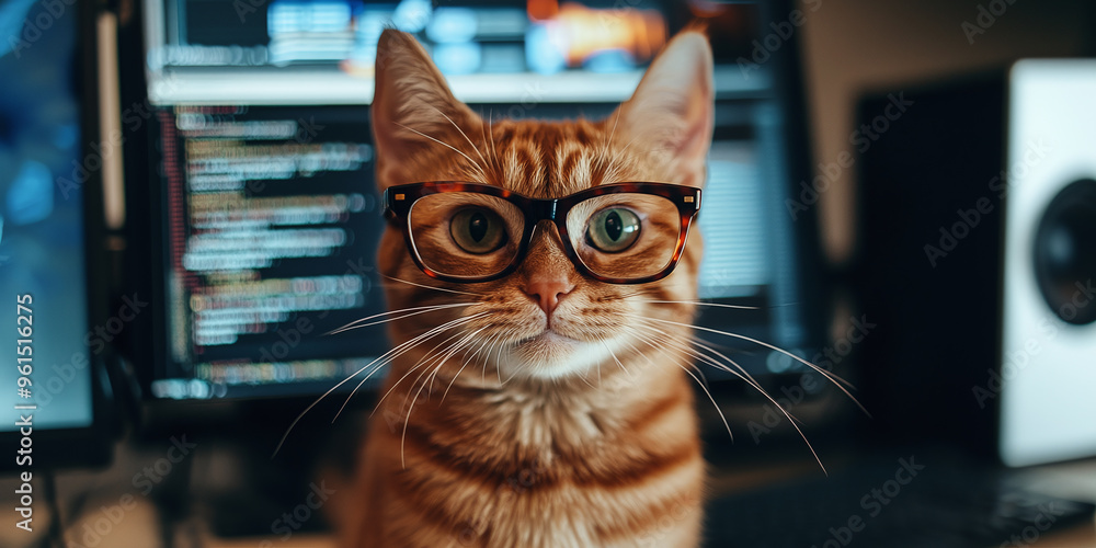 Poster funny cat wearing glasses coding at computer
