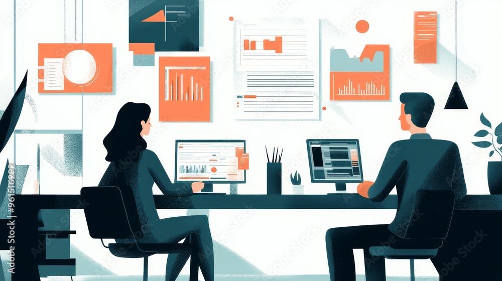 Aufkleber two colleagues working at a desk, surrounded by data visualizations and charts, representing the imp