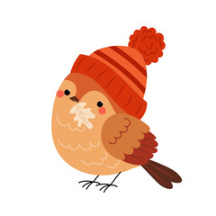 Cute small bird in autumn hat with a oak leaf in beak. Autumn birds. Autumn knitted hat. Flat illustration on white background.	
