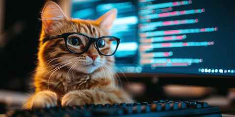 Funny cat wearing glasses coding at computer