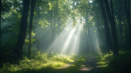 The peaceful forest path was shrouded in mist, with tall trees lined up in rows and the sun shining through the branches, creating a Tyndall light effect.