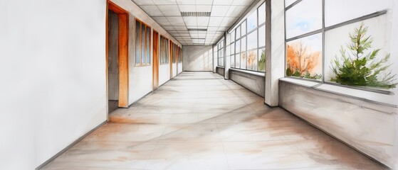Obraz premium A long hallway adorned with numerous windows and a potted plant against the wall