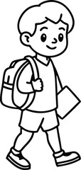 Single Line Art of Boy Going to School with Bag and Book