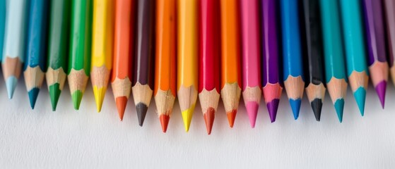  A line of colored pencils atop a white tableau; one pencil centrally positioned