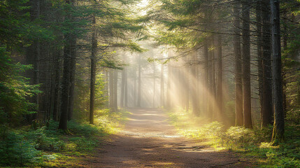 Obraz premium The peaceful forest path was shrouded in mist, with tall trees lined up in rows and the sun shining through the branches, creating a Tyndall light effect.