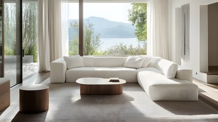A minimalist living room with a clean, white sofa and a simple coffee table