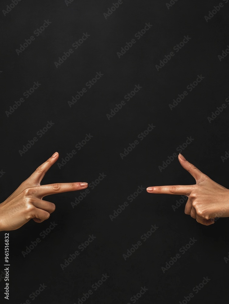 Poster two hands pointing outwards, creating a frame or border around a black background. the image symboli