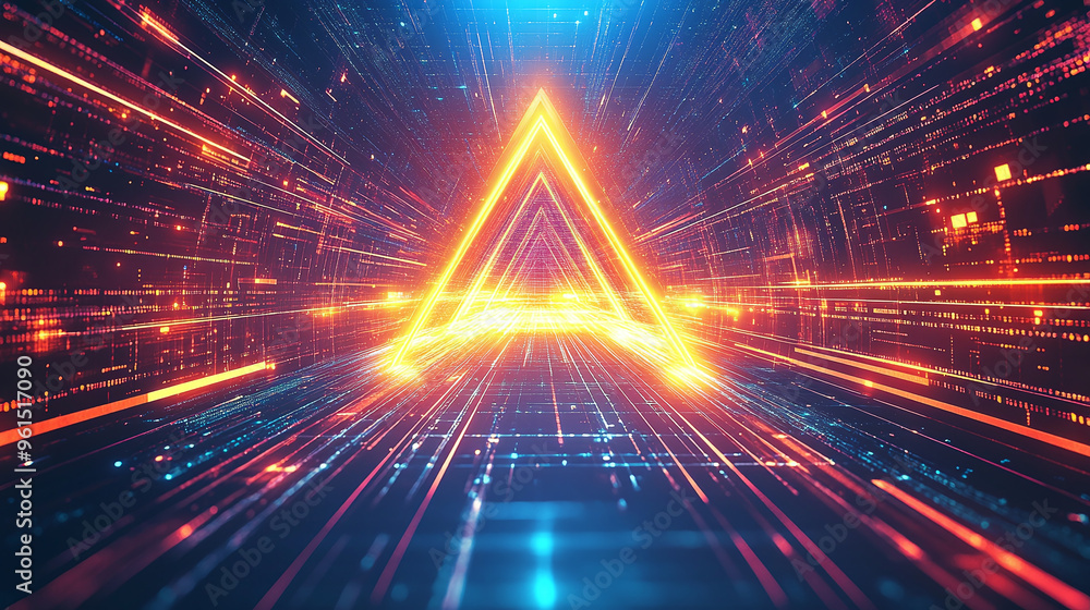Poster introducing a digital portal with a triangular shape and bright lines. futuristic technology backgro