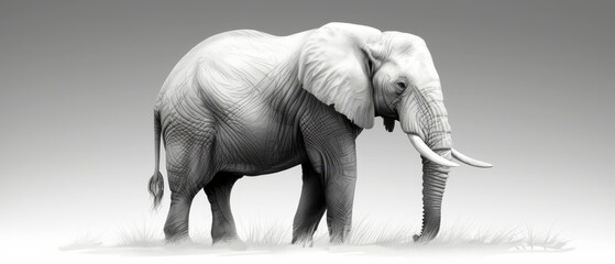  A black-and-white image of an elephant displaying two large tusks curving from its upper jaw