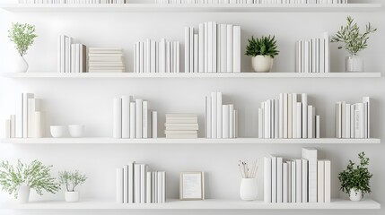 Fototapeta premium A clean, white bookshelf with neatly arranged books and minimal decor