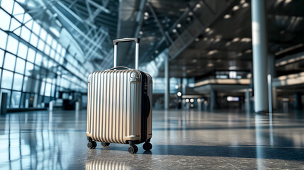 metallic hardshell suitcase standing upright in an ultra-modern airport terminal, with a minimalist design