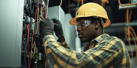 An electrician installs a circuit breaker. Focused electrician in protective gear carefully installs wiring in a wall-mounted electrical box.