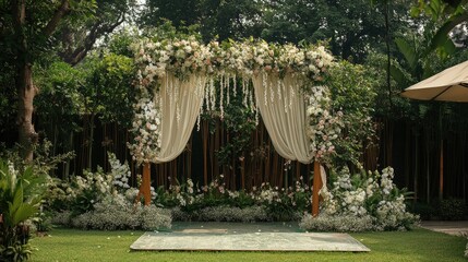 Lush garden wedding backdrop with plants and floral decorations, creating a peaceful and romantic atmosphere.