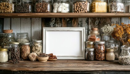 Rustic Kitchen Shelf with Glass Jars and a White Frame