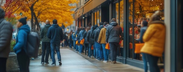 A line of people waiting outside a store on Black Friday.
