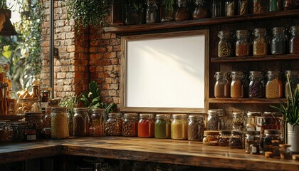Rustic Kitchen Shelves with Jars of Spices and Blank Frame