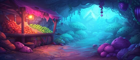 Fototapeta premium A vibrant painting of a cavern adorned with numerous multicolored rocks, concluding with a radiant beacon of light at the tunnel's end