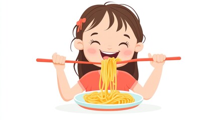 An animated character of a joyful girl eating a plate of spaghetti with chopsticks, smiling widely with her eyes closed in delight.