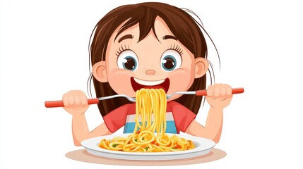 A cartoon illustration of a young girl happily eating a plate of spaghetti with a fork, her eyes wide and cheeks full.