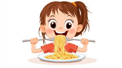 An animated image of a happy young girl with big eyes eating a large mouthful of spaghetti using two forks with a plate in front of her.