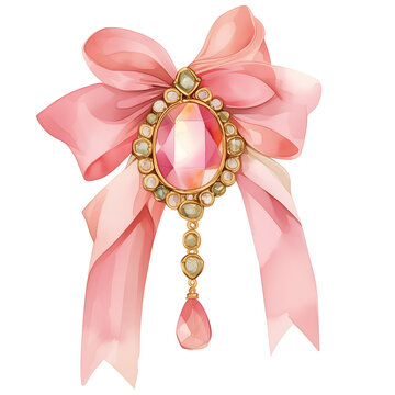 pink bow brooch watercolor style clip art preview