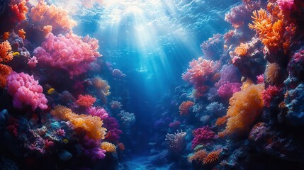 vibrant underwater coral reef scene schools of tropical fish darting through colorful coral formations shimmering light rays piercing crystalclear turquoise water