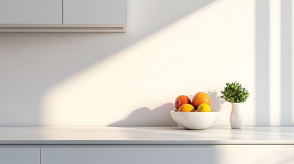A minimalist kitchen with a clean, white countertop and a single fruit bowl