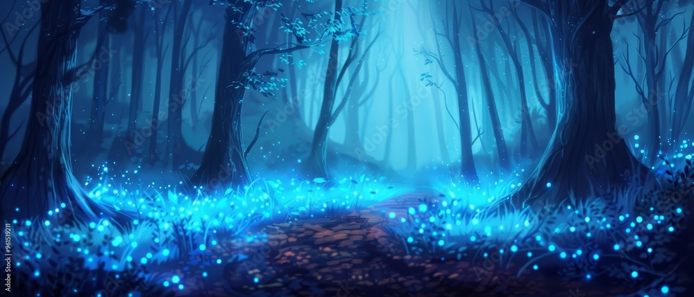 Wall mural  A forest path painting, trees emit blue lights, glowing leaves beneath