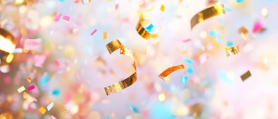 A colorful explosion of confetti with gold and pink strips