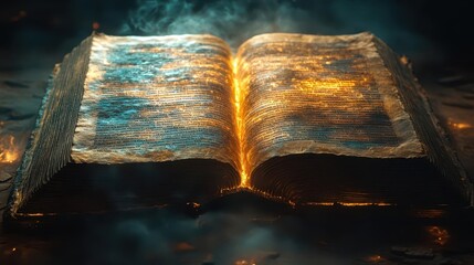 epic cinematic bible scene open book of judges glowing with divine light dramatic shadows ancient parchment texture mystical atmosphere