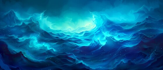  A painting of a wave in the ocean with a radiant blue light emanating from its crest