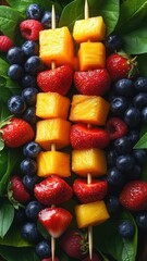 Obraz premium Close-up of assorted fruit skewers on a platter with green leaves.