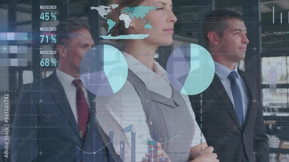 Poster Business professionals analyzing data with graphs and world map animation over them