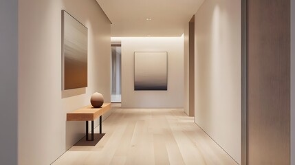 A minimalist hallway with clean lines and a single piece of modern art