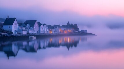 Obraz premium Coastal villages bathed in the soft light of dawn, with calm waters reflecting the pastel colors of the sky.