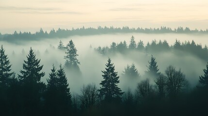 Obraz premium A dense forest with thick fog covering the trees. The trees are tall and dense. Gives a feeling of freshness and relaxation. The atmosphere is cool and beautiful.