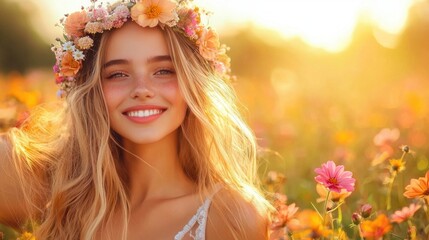 Fototapeta premium Happy Woman In Flower Crown.