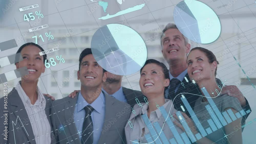 Aufkleber business people smiling with data charts and graphs over animation