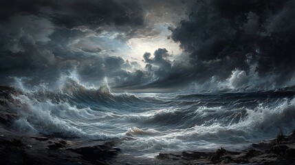 Rolling waves crashing against a rocky shoreline under a sky filled with dramatic clouds