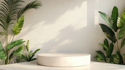Minimalist summer background in 3D, featuring a clean podium or pedestal for showcasing products.