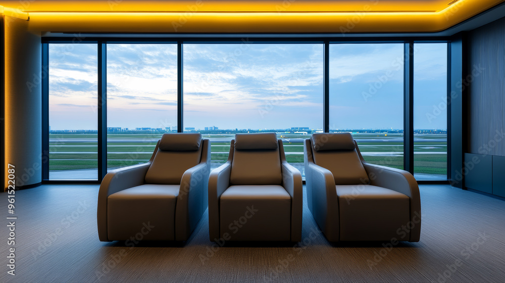 Poster airport lounge with comfortable recliners, dimmed lights, and panoramic views of the runway, creatin