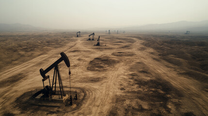Naklejka premium Aerial view of sprawling oil field with multiple pumpjacks and pipelines snaking through desert landscape 