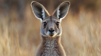 Fototapeta premium Australian Kangaroo Close-up: Detailed Fur Textures and Curious Expression in Outback Wilderness
