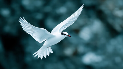 Obraz premium Arctic tern in flight above a glacial fjord graceful bird soaring over rugged icy cliffs cold winds blowing 