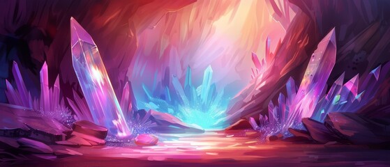 Cave with purple and blue rock formations Bright light at entrance