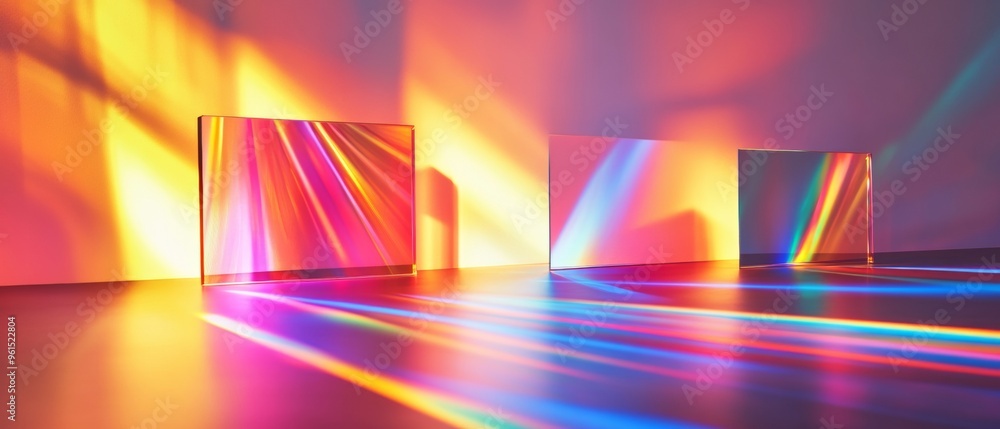 Poster three glass objects that are reflecting light in a colorful and abstract way