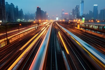 Obraz premium Train Tracks at Night with City Skyline and Blurred Lights